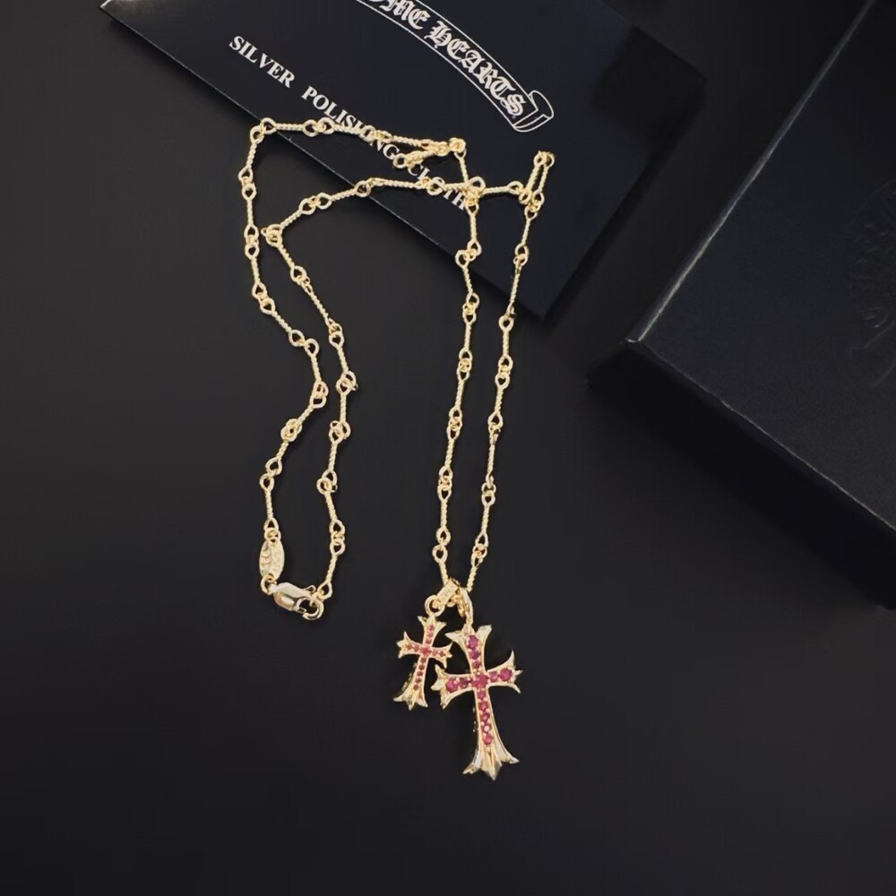 Chrome Hearts Gold Plated Double Cross Red Gemstone Pendant Necklace